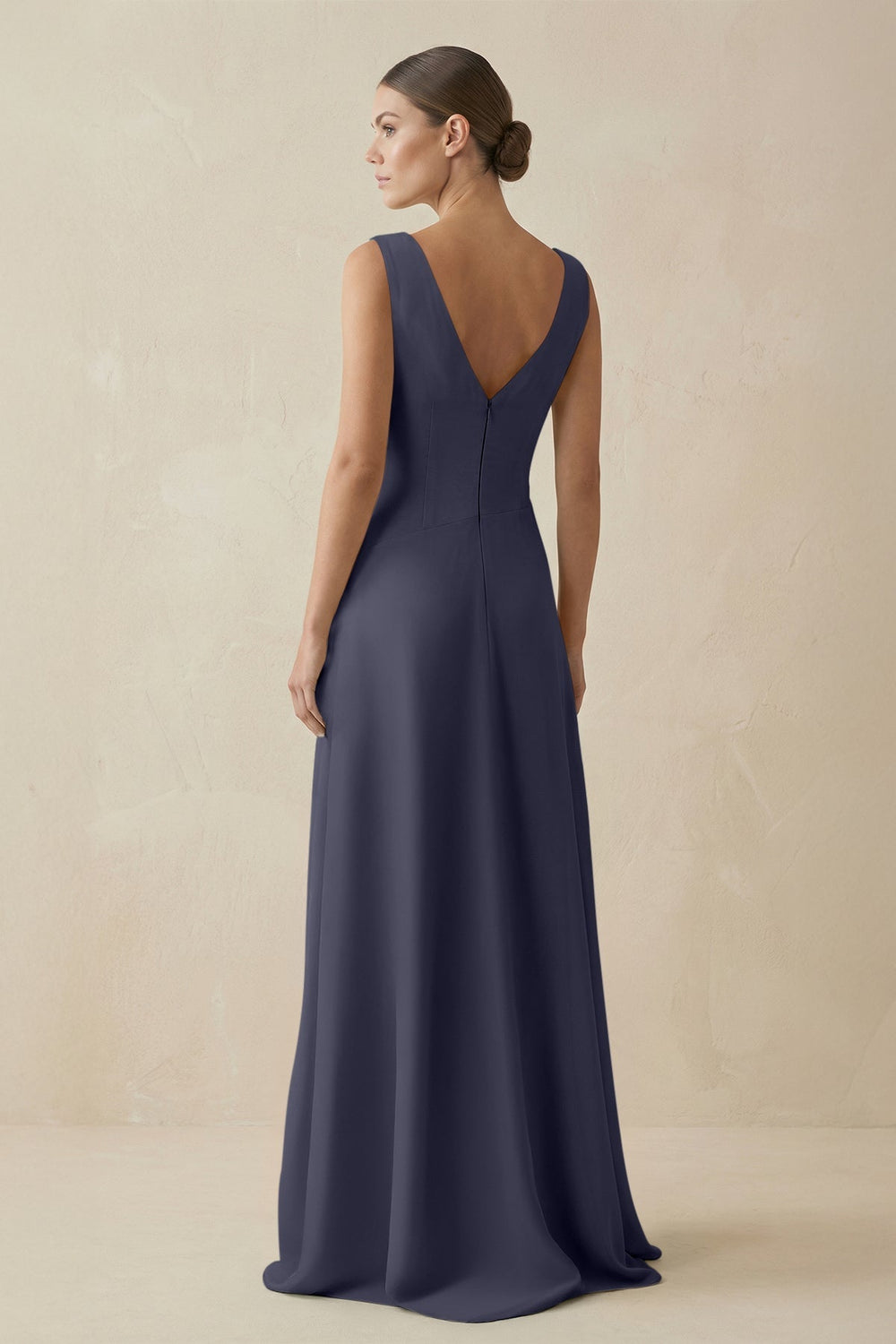 V - Neck A - Line Chiffon Ruffled Bridesmaid Dress in Dusk Blue - KissProm Bridesmaid Dresses