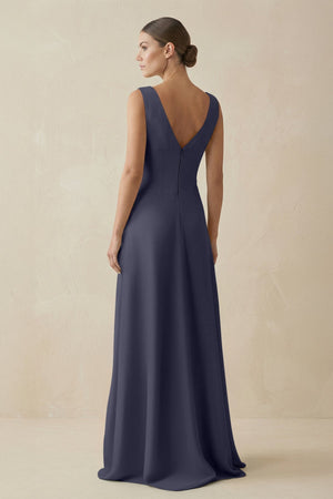 V - Neck A - Line Chiffon Ruffled Bridesmaid Dress in Dusk Blue - KissProm Bridesmaid Dresses