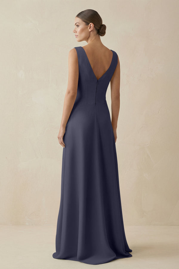 V - Neck A - Line Chiffon Ruffled Bridesmaid Dress in Dusk Blue - KissProm Bridesmaid Dresses