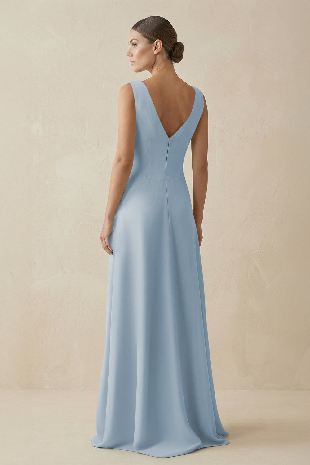 V - Neck A - Line Chiffon Ruffled Bridesmaid Dress in Dusty Blue - KissProm Bridesmaid Dresses