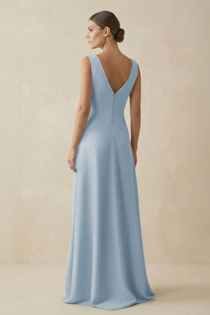 V - Neck A - Line Chiffon Ruffled Bridesmaid Dress in Dusty Blue - KissProm Bridesmaid Dresses