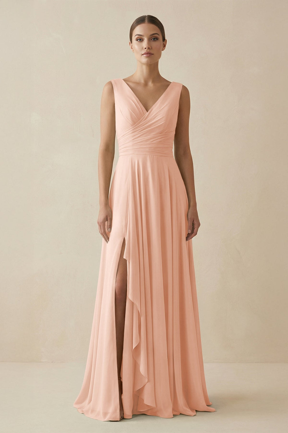 V - Neck A - Line Chiffon Ruffled Bridesmaid Dress in English Rose - KissProm Bridesmaid Dresses
