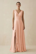 V - Neck A - Line Chiffon Ruffled Bridesmaid Dress in English Rose - KissProm Bridesmaid Dresses