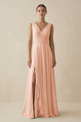 V - Neck A - Line Chiffon Ruffled Bridesmaid Dress in English Rose - KissProm Bridesmaid Dresses