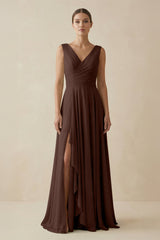 V - Neck A - Line Chiffon Ruffled Bridesmaid Dress in Espresso - KissProm Bridesmaid Dresses