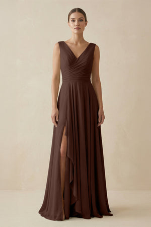 V - Neck A - Line Chiffon Ruffled Bridesmaid Dress in Espresso - KissProm Bridesmaid Dresses