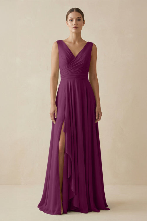 V - Neck A - Line Chiffon Ruffled Bridesmaid Dress in Fig - KissProm Bridesmaid Dresses