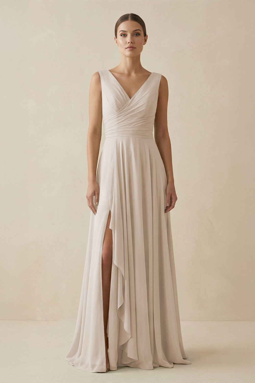 V - Neck A - Line Chiffon Ruffled Bridesmaid Dress in Frost - KissProm Bridesmaid Dresses