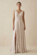 V - Neck A - Line Chiffon Ruffled Bridesmaid Dress in Frost - KissProm Bridesmaid Dresses