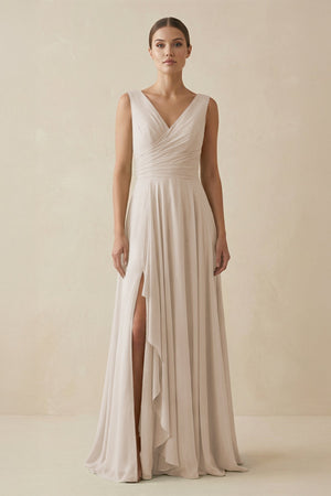 V - Neck A - Line Chiffon Ruffled Bridesmaid Dress in Frost - KissProm Bridesmaid Dresses