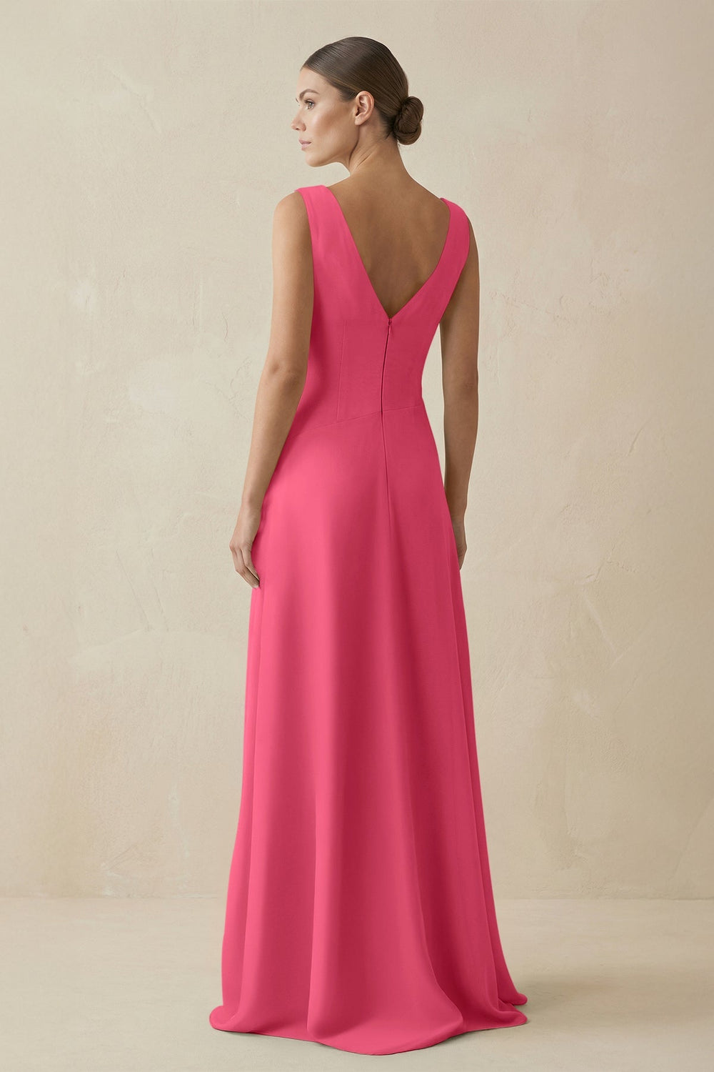 V - Neck A - Line Chiffon Ruffled Bridesmaid Dress in Fuchsia - KissProm Bridesmaid Dresses