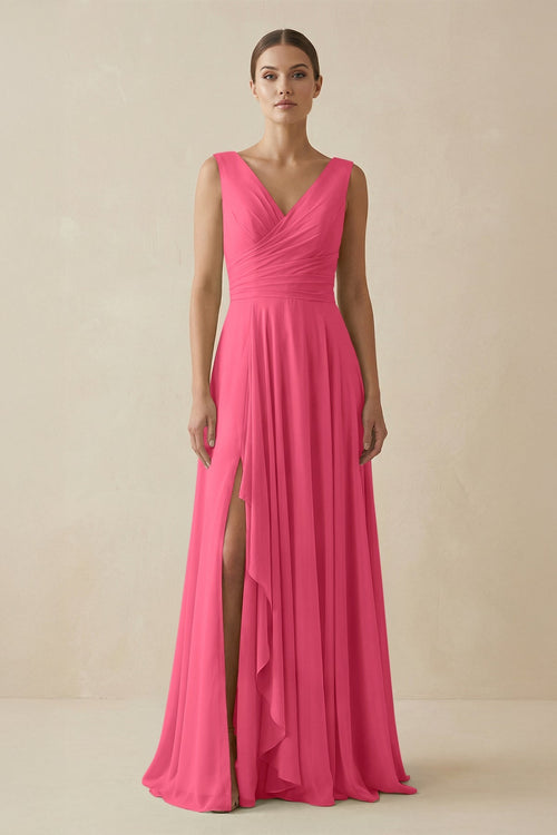 V - Neck A - Line Chiffon Ruffled Bridesmaid Dress in Fuchsia - KissProm Bridesmaid Dresses