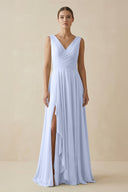 V - Neck A - Line Chiffon Ruffled Bridesmaid Dress in Ice - KissProm Bridesmaid Dresses