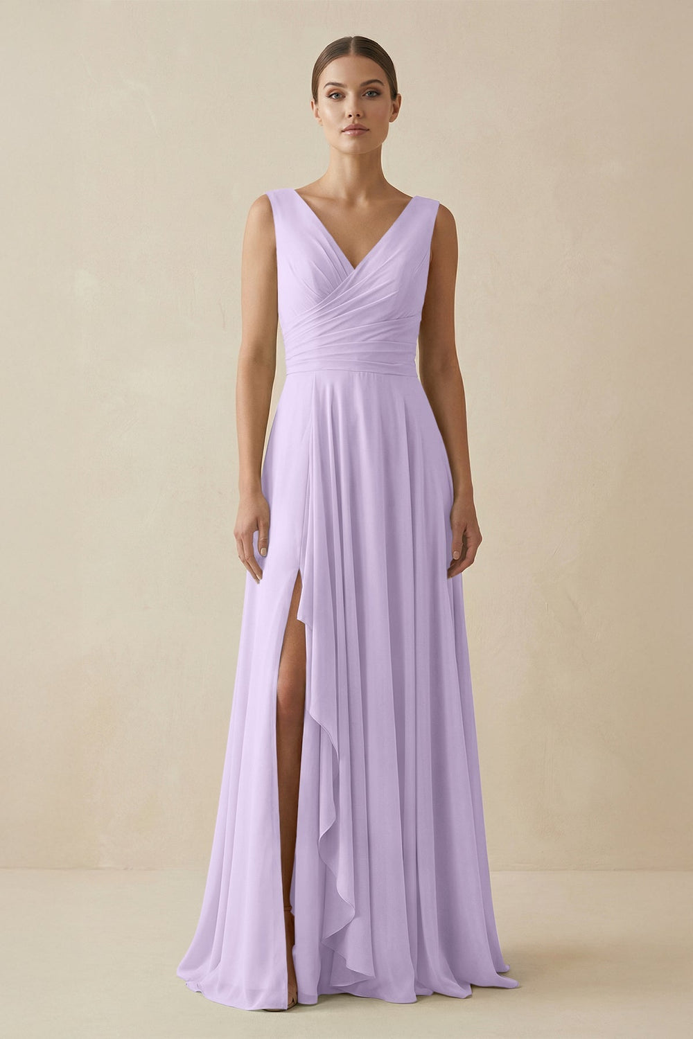 V - Neck A - Line Chiffon Ruffled Bridesmaid Dress in Lavender - KissProm Bridesmaid Dresses