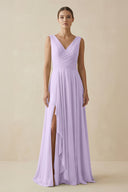 V - Neck A - Line Chiffon Ruffled Bridesmaid Dress in Lavender - KissProm Bridesmaid Dresses