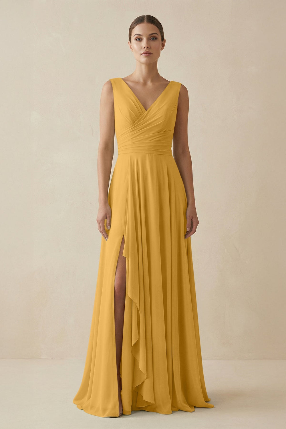 V - Neck A - Line Chiffon Ruffled Bridesmaid Dress in Marigold - KissProm Bridesmaid Dresses