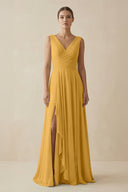 V - Neck A - Line Chiffon Ruffled Bridesmaid Dress in Marigold - KissProm Bridesmaid Dresses
