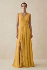 V - Neck A - Line Chiffon Ruffled Bridesmaid Dress in Marigold - KissProm Bridesmaid Dresses