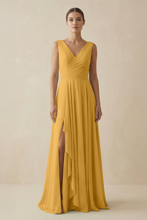 V - Neck A - Line Chiffon Ruffled Bridesmaid Dress in Marigold - KissProm Bridesmaid Dresses