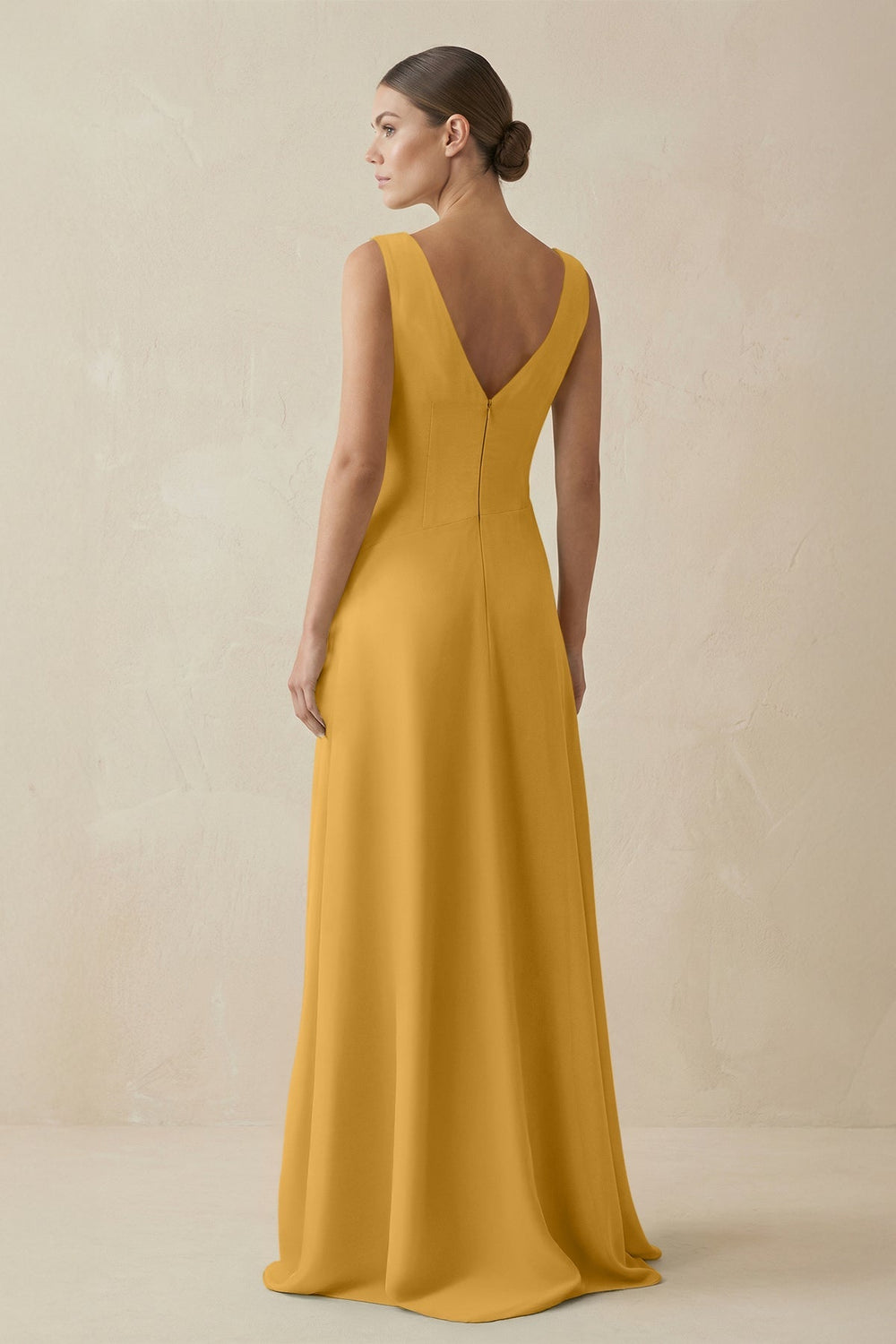 V - Neck A - Line Chiffon Ruffled Bridesmaid Dress in Marigold - KissProm Bridesmaid Dresses