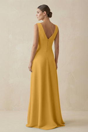 V - Neck A - Line Chiffon Ruffled Bridesmaid Dress in Marigold - KissProm Bridesmaid Dresses