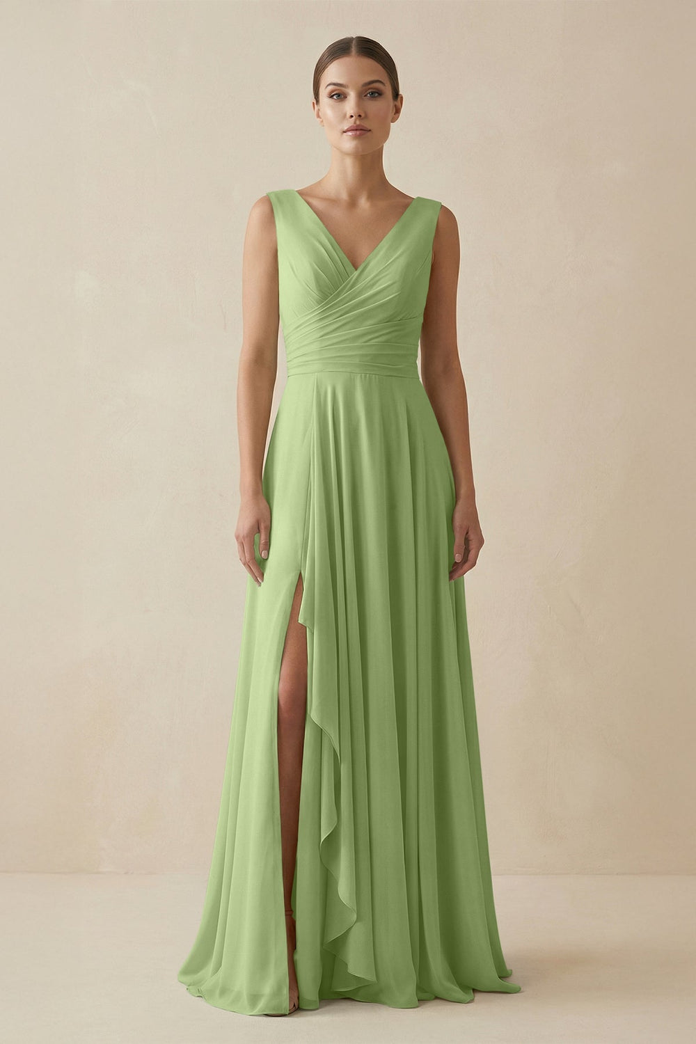 V - Neck A - Line Chiffon Ruffled Bridesmaid Dress in Matcha - KissProm Bridesmaid Dresses