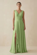 V - Neck A - Line Chiffon Ruffled Bridesmaid Dress in Matcha - KissProm Bridesmaid Dresses