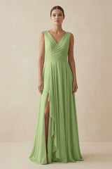 V - Neck A - Line Chiffon Ruffled Bridesmaid Dress in Matcha - KissProm Bridesmaid Dresses