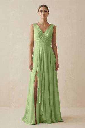 V - Neck A - Line Chiffon Ruffled Bridesmaid Dress in Matcha - KissProm Bridesmaid Dresses