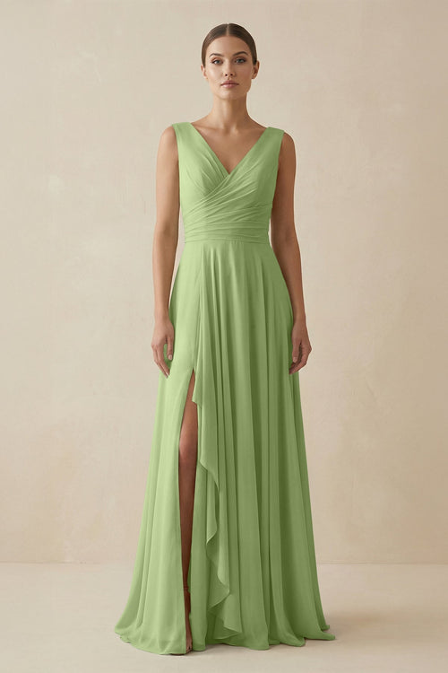V - Neck A - Line Chiffon Ruffled Bridesmaid Dress in Matcha - KissProm Bridesmaid Dresses