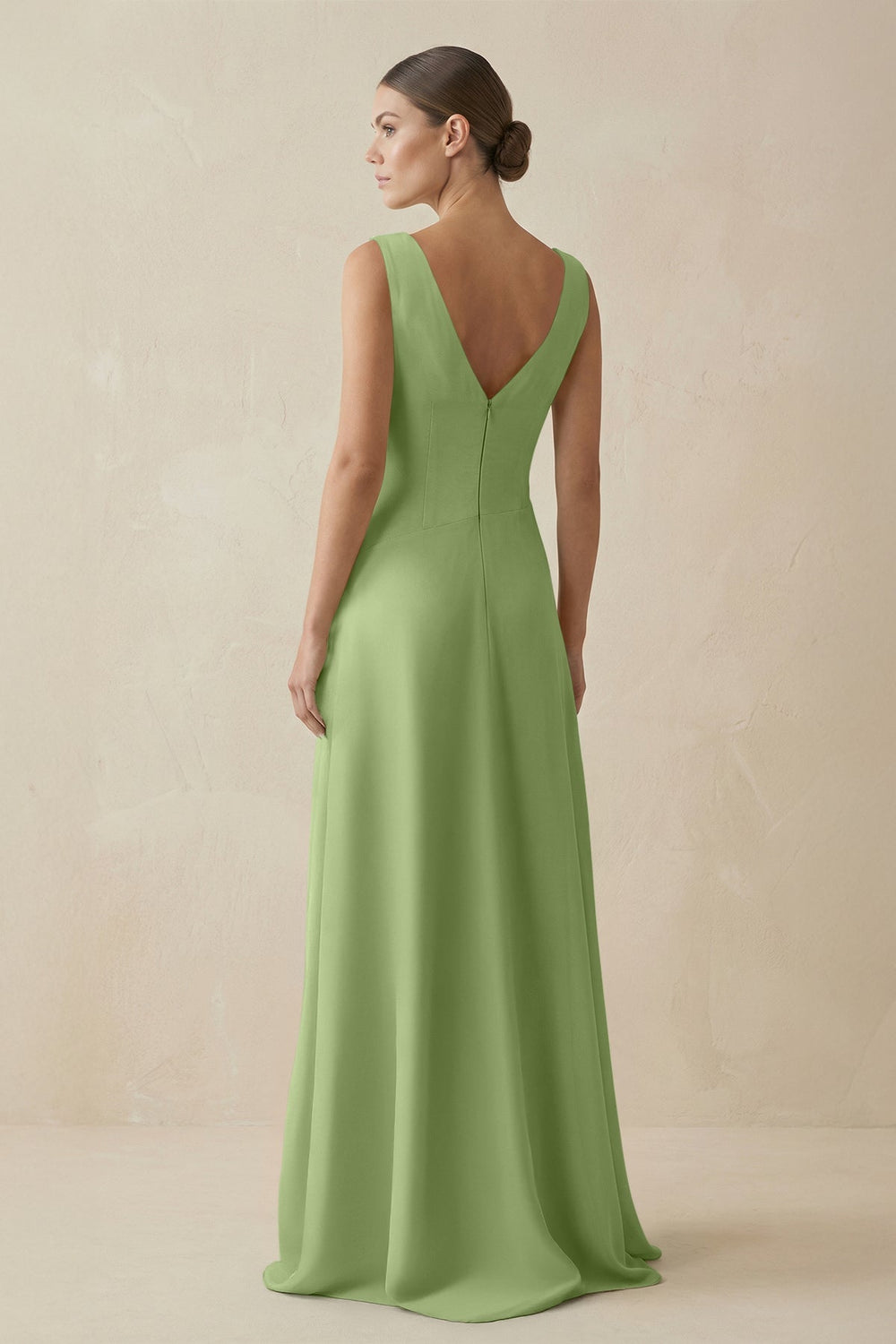 V - Neck A - Line Chiffon Ruffled Bridesmaid Dress in Matcha - KissProm Bridesmaid Dresses