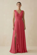 V - Neck A - Line Chiffon Ruffled Bridesmaid Dress in Merlot - KissProm Bridesmaid Dresses
