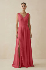 V - Neck A - Line Chiffon Ruffled Bridesmaid Dress in Merlot - KissProm Bridesmaid Dresses
