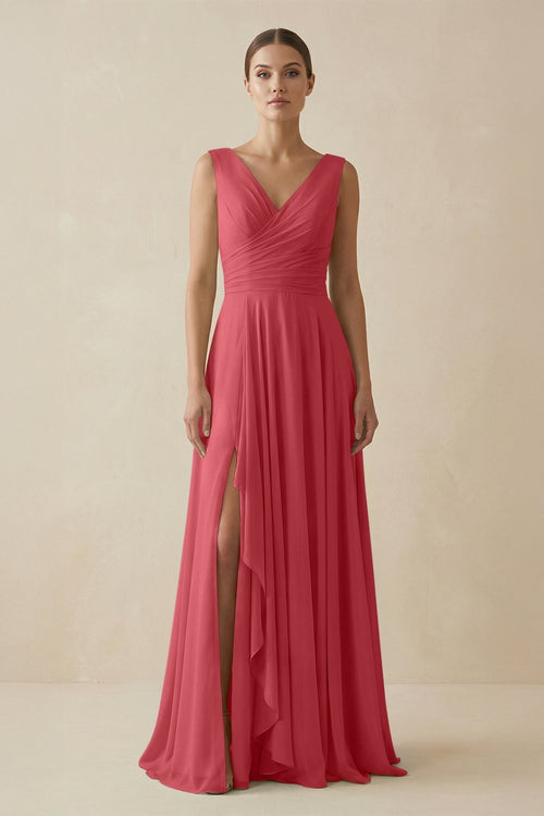 V - Neck A - Line Chiffon Ruffled Bridesmaid Dress in Merlot - KissProm Bridesmaid Dresses