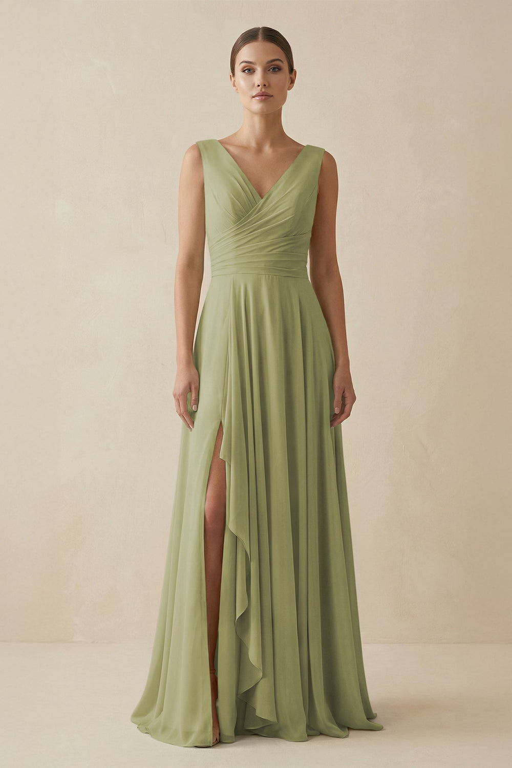 V - Neck A - Line Chiffon Ruffled Bridesmaid Dress in Moss Green - KissProm Bridesmaid Dresses
