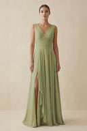 V - Neck A - Line Chiffon Ruffled Bridesmaid Dress in Moss Green - KissProm Bridesmaid Dresses