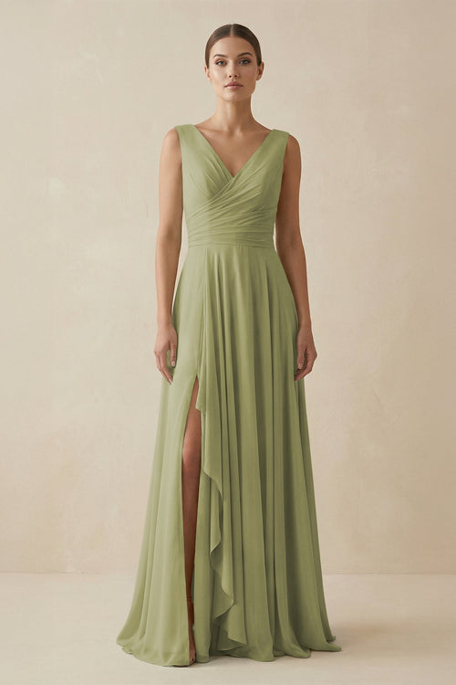 V - Neck A - Line Chiffon Ruffled Bridesmaid Dress in Moss Green - KissProm Bridesmaid Dresses