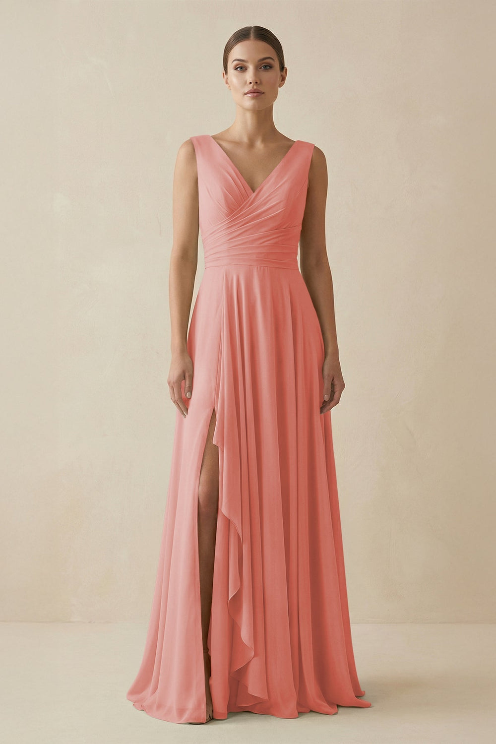 V - Neck A - Line Chiffon Ruffled Bridesmaid Dress in Mulberry - KissProm Bridesmaid Dresses