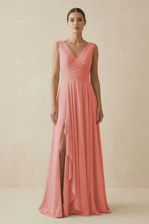V - Neck A - Line Chiffon Ruffled Bridesmaid Dress in Mulberry - KissProm Bridesmaid Dresses