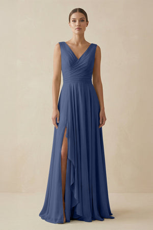 V - Neck A - Line Chiffon Ruffled Bridesmaid Dress in Navy - KissProm Bridesmaid Dresses