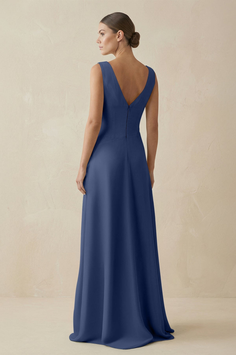 V - Neck A - Line Chiffon Ruffled Bridesmaid Dress in Navy - KissProm Bridesmaid Dresses