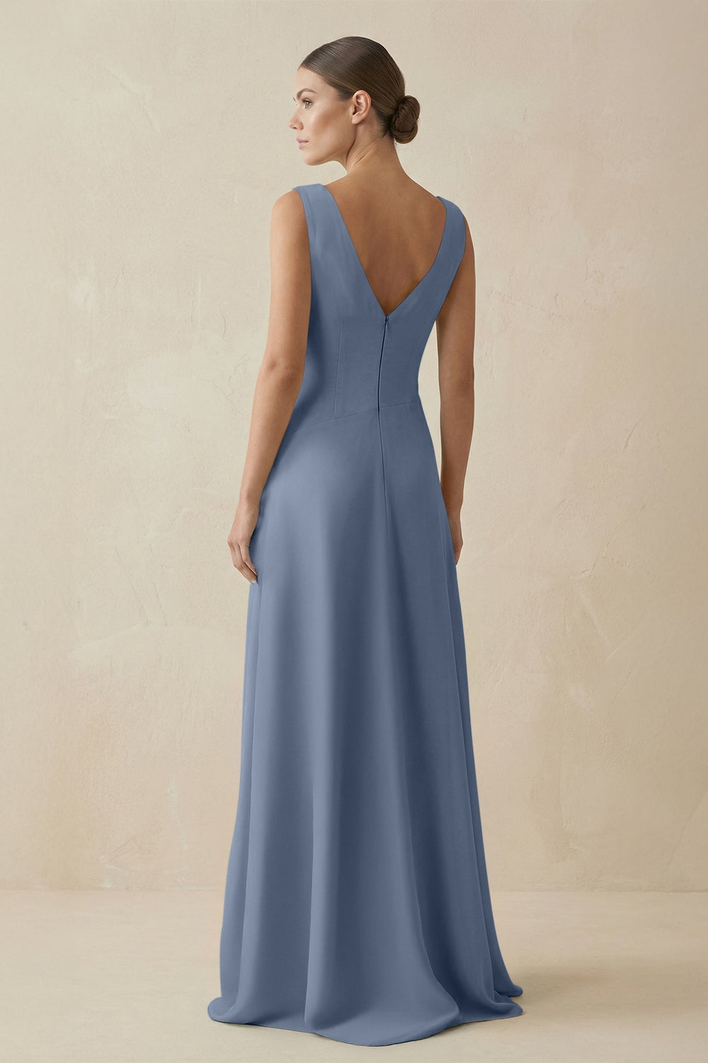 V - Neck A - Line Chiffon Ruffled Bridesmaid Dress in Neptune - KissProm Bridesmaid Dresses