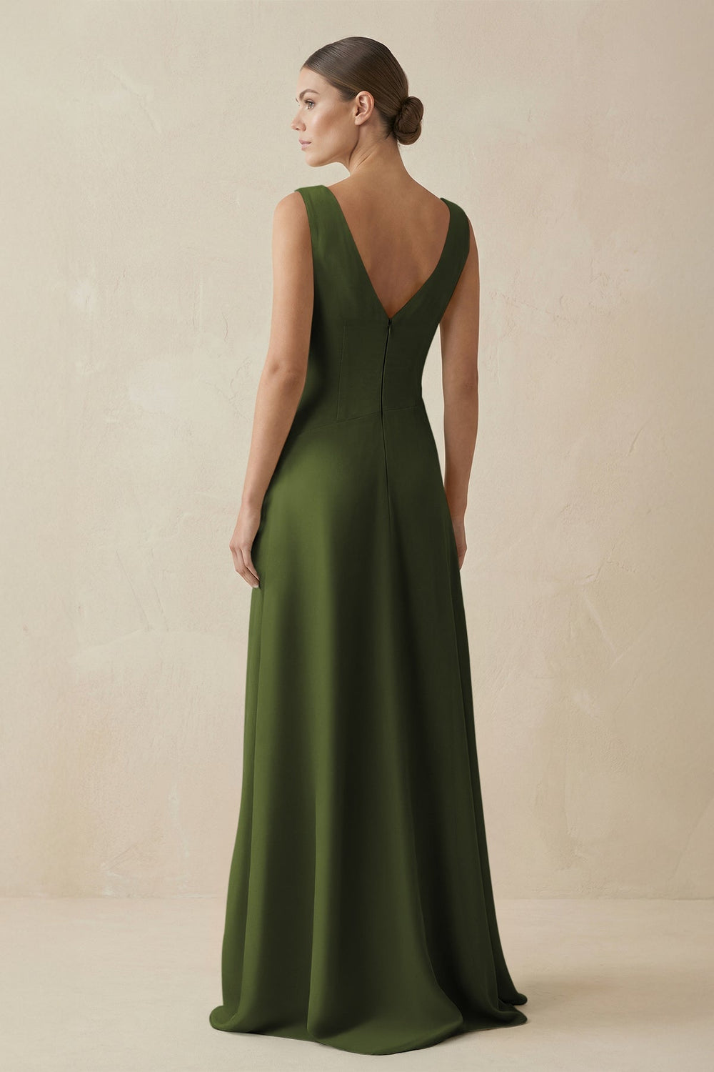 V - Neck A - Line Chiffon Ruffled Bridesmaid Dress in Olive - KissProm Bridesmaid Dresses
