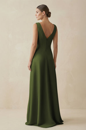 V - Neck A - Line Chiffon Ruffled Bridesmaid Dress in Olive - KissProm Bridesmaid Dresses