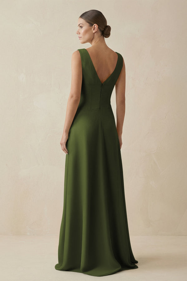 V - Neck A - Line Chiffon Ruffled Bridesmaid Dress in Olive - KissProm Bridesmaid Dresses