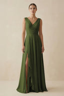 V - Neck A - Line Chiffon Ruffled Bridesmaid Dress in Olive - KissProm Bridesmaid Dresses