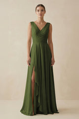 V - Neck A - Line Chiffon Ruffled Bridesmaid Dress in Olive - KissProm Bridesmaid Dresses