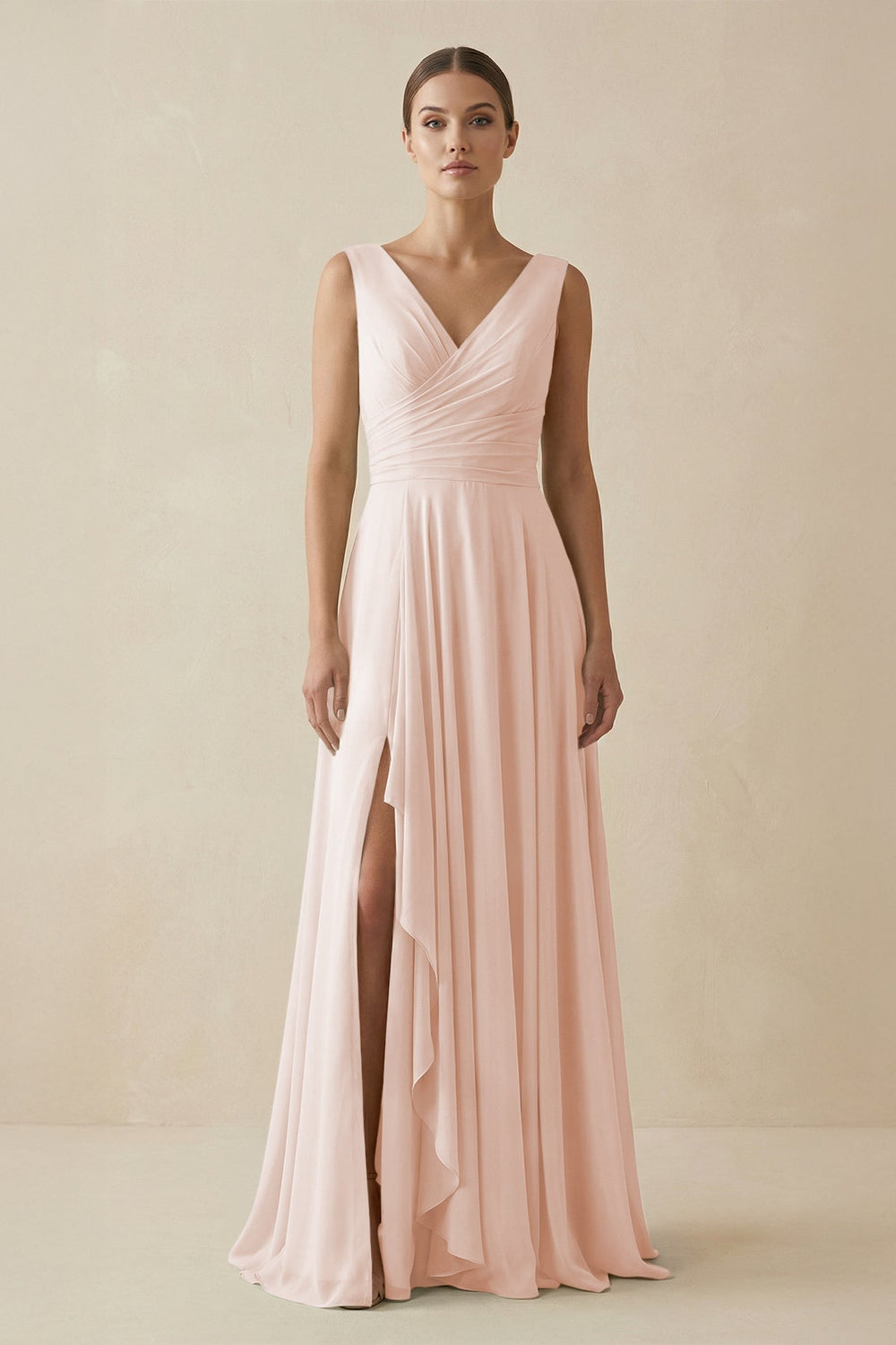 V - Neck A - Line Chiffon Ruffled Bridesmaid Dress in Pale Blush - KissProm Bridesmaid Dresses