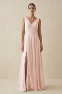 V - Neck A - Line Chiffon Ruffled Bridesmaid Dress in Pale Blush - KissProm Bridesmaid Dresses