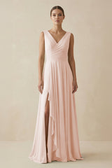 V - Neck A - Line Chiffon Ruffled Bridesmaid Dress in Pale Blush - KissProm Bridesmaid Dresses